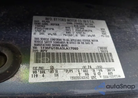 2003 Ford Expedition Eddie Bauer z USA, uszkodzony, nr VIN 1FMFU18L63LA17080